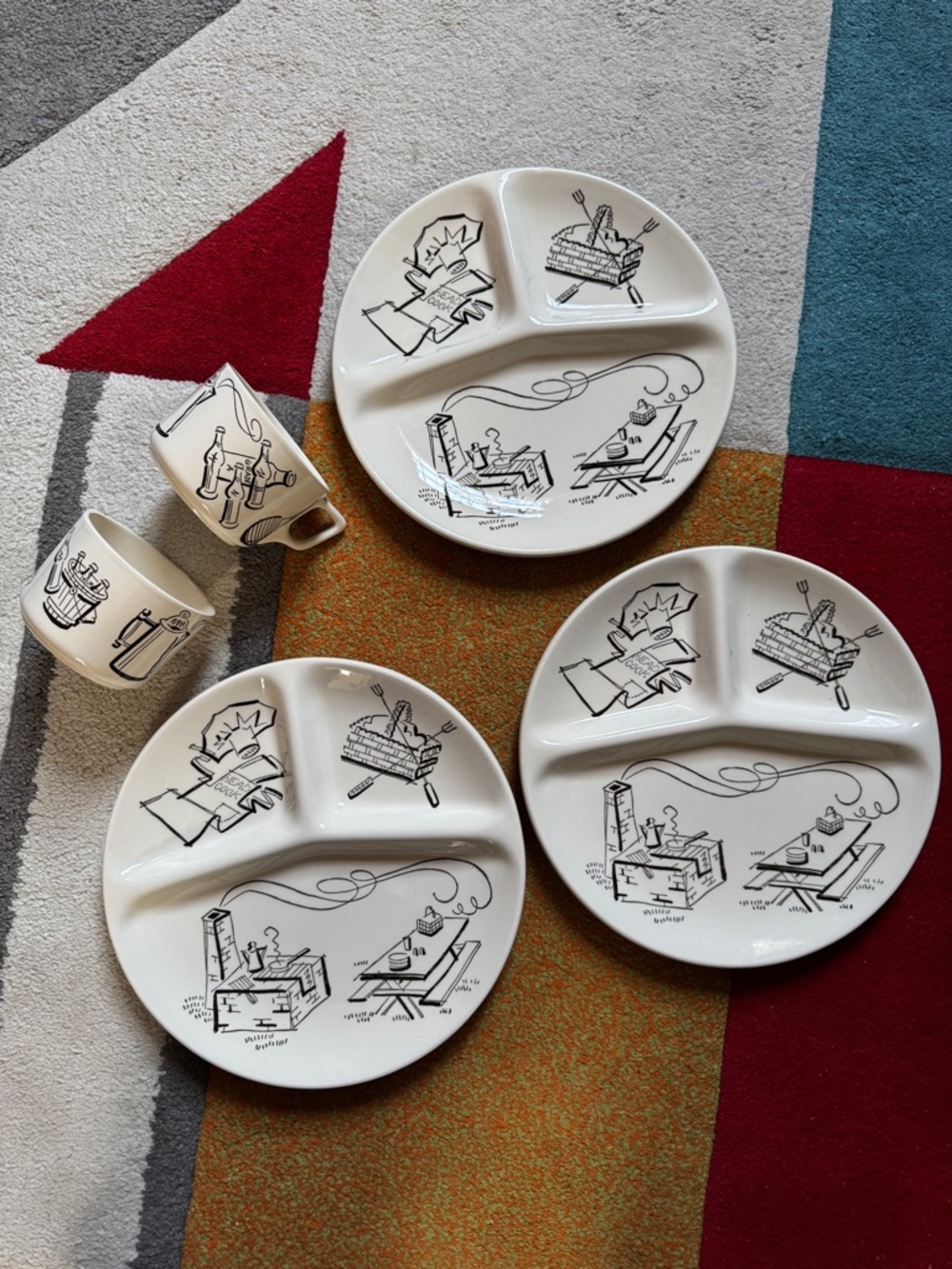 Vintage Style White Sectioned Dinner Plates and Mugs - Black Illustration